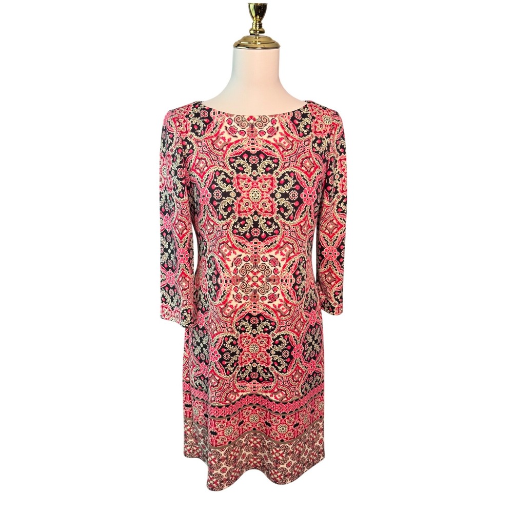 Wisp Pink Black Paisley Medallion Sheath Dress 3/4 Sleeve Size 4 Shift Vibrant